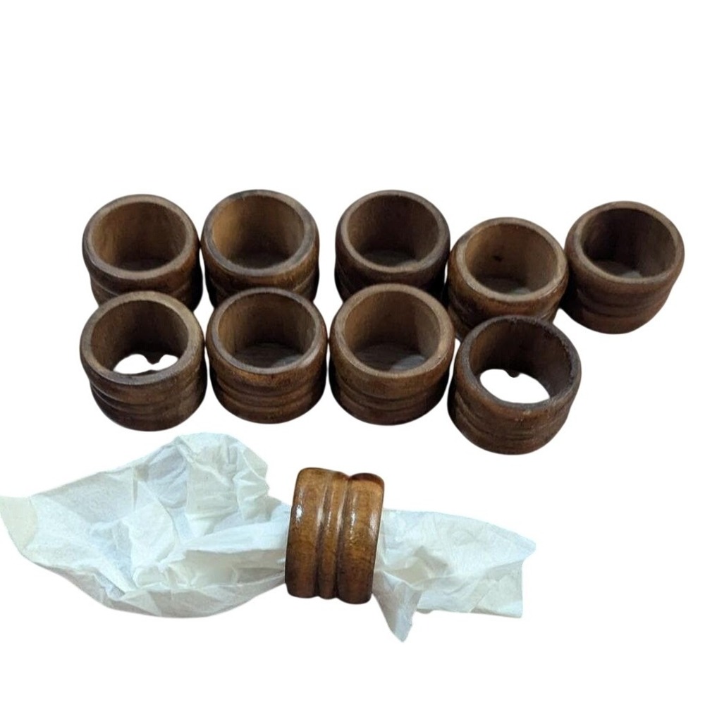 Vintage‎ Wooden Napkin Rings Set of 10 Ribbed Round Brown Wood Table Decor